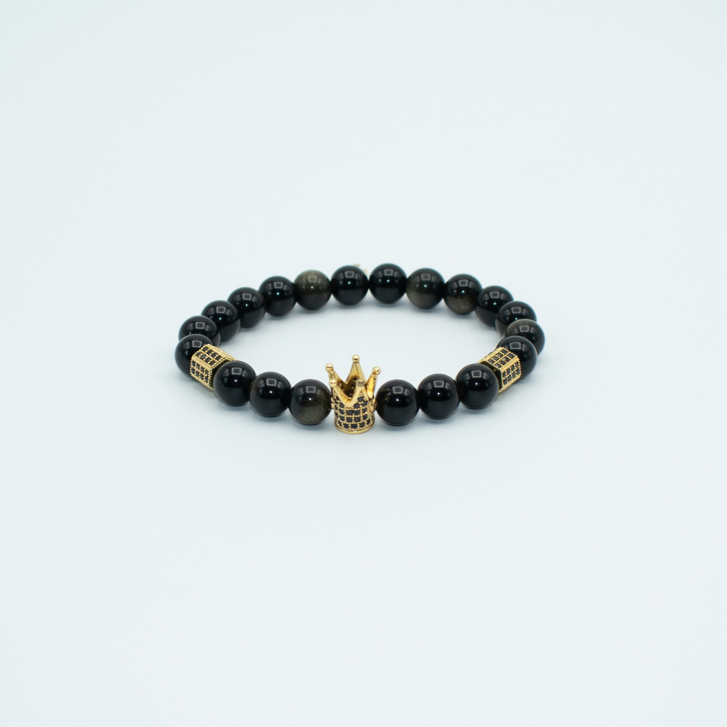 Golden Obsidian Beaded Stretch Bracelet With Crown Charm