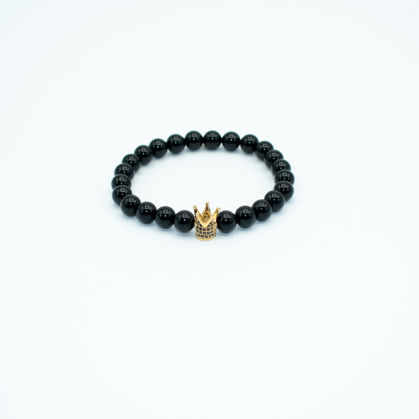 Black Onyx Stretch Beaded Bracelet With Crown Charm