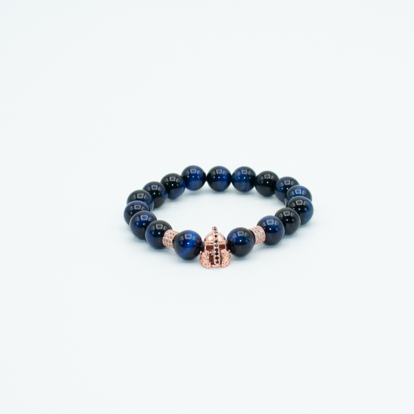 Blue Tiger Eye With Spartan Helmet Charm Stretch Bracelet