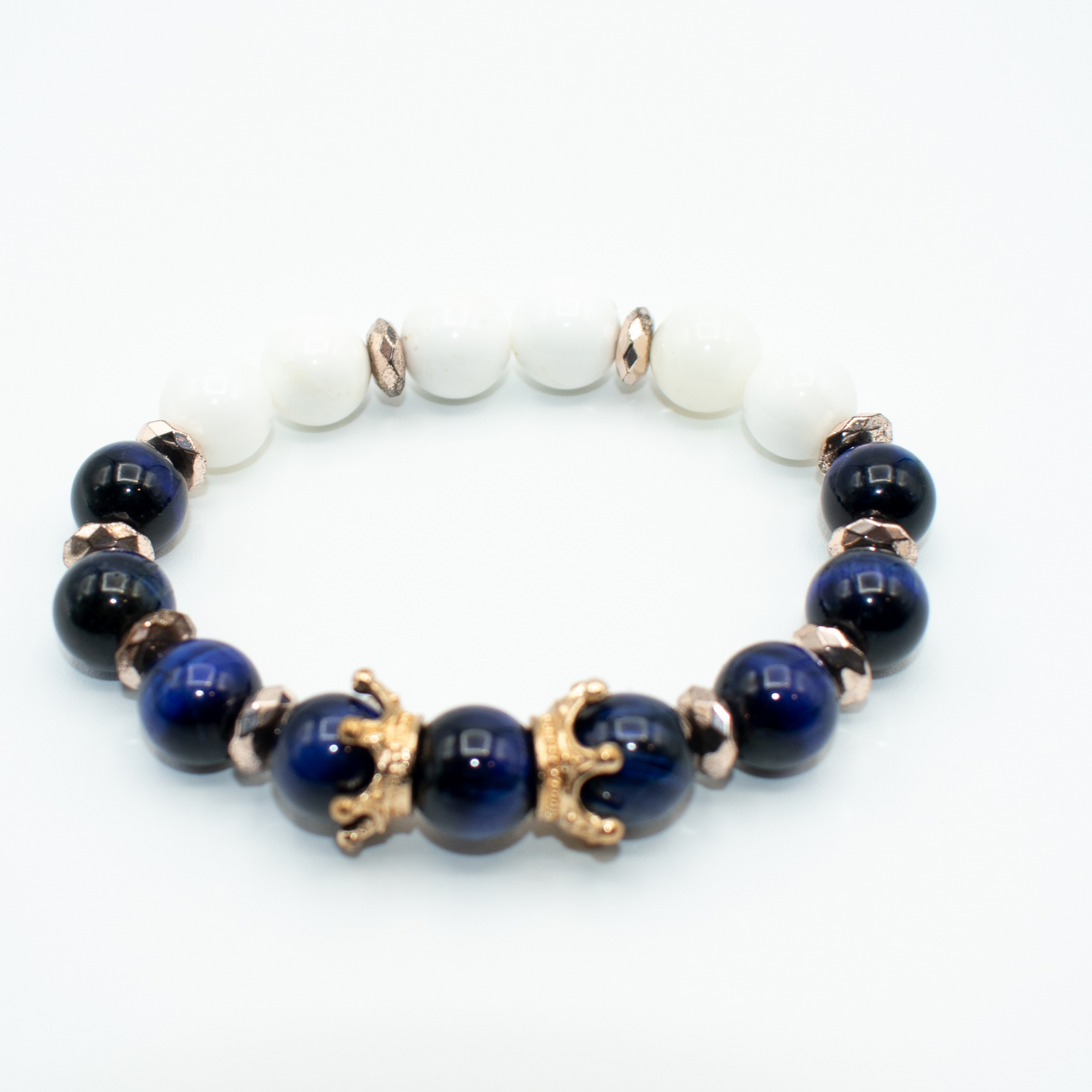 Blue Tiger Eye and Howlite Lion Charm Stretch Bracelet