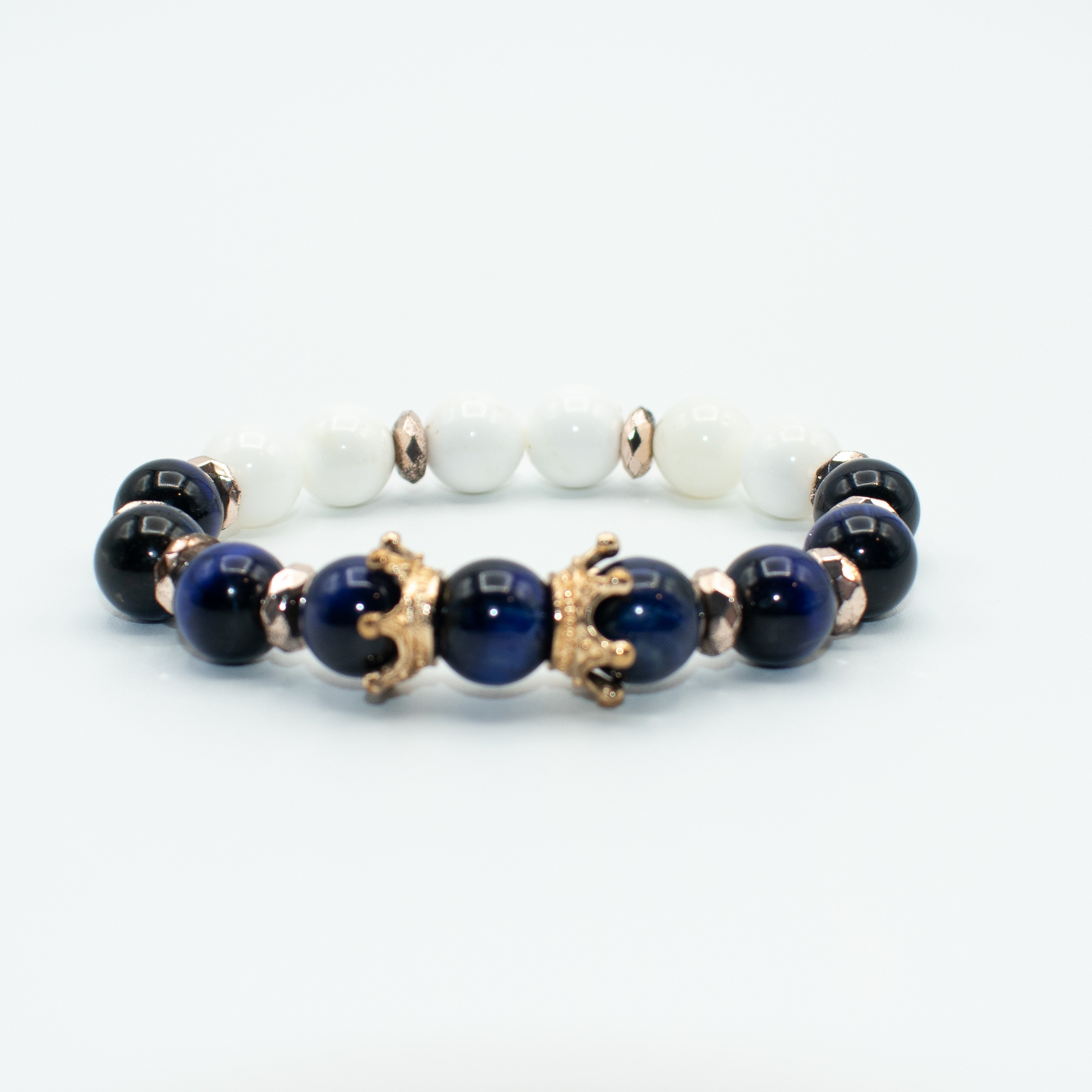 Blue Tiger Eye With Crown Charms Stretch Bracelet