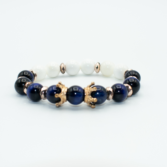 Blue Tiger Eye and Howlite Lion Charm Stretch Bracelet