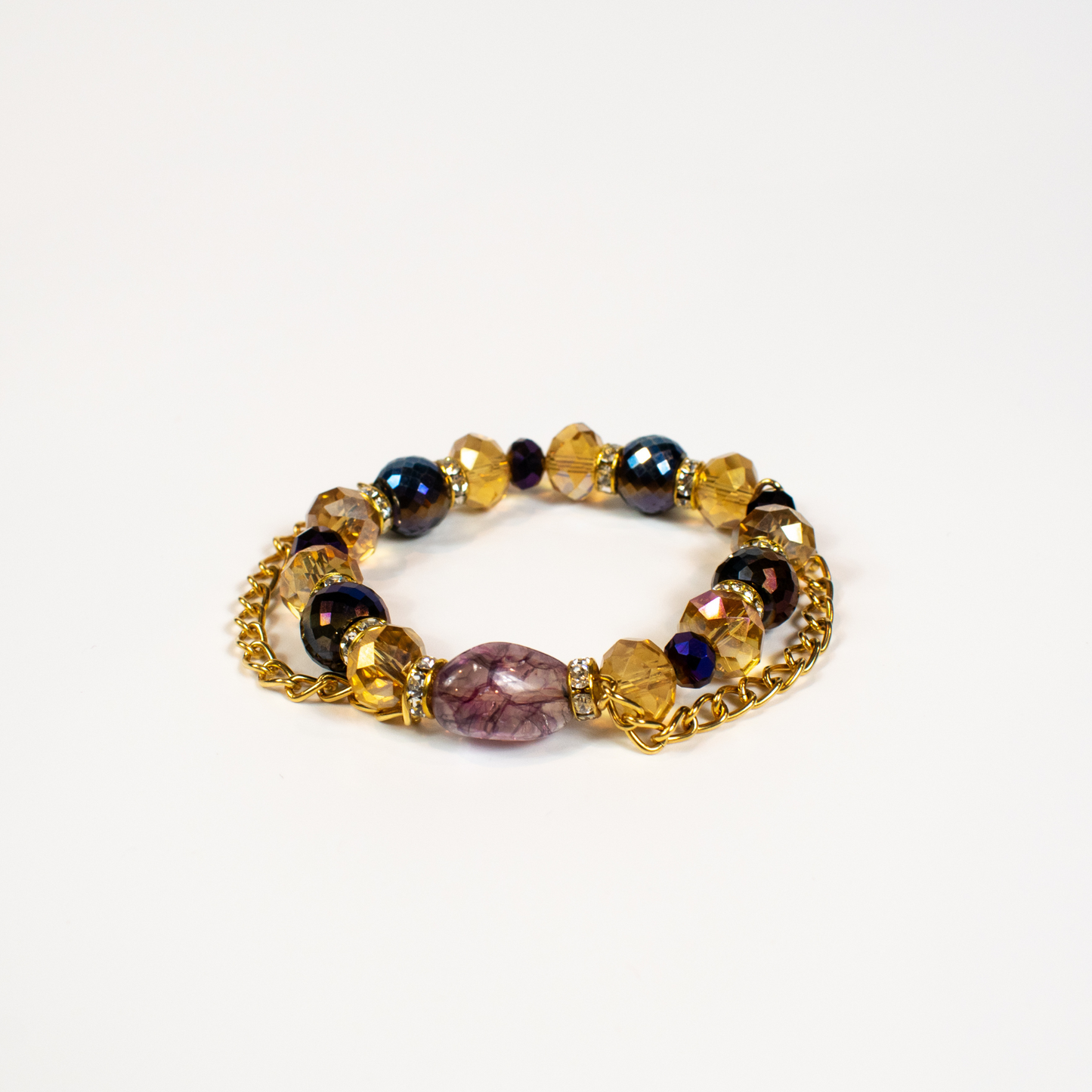 Purple and Yellow Glass Stretch Beaded Bracelet With Chain