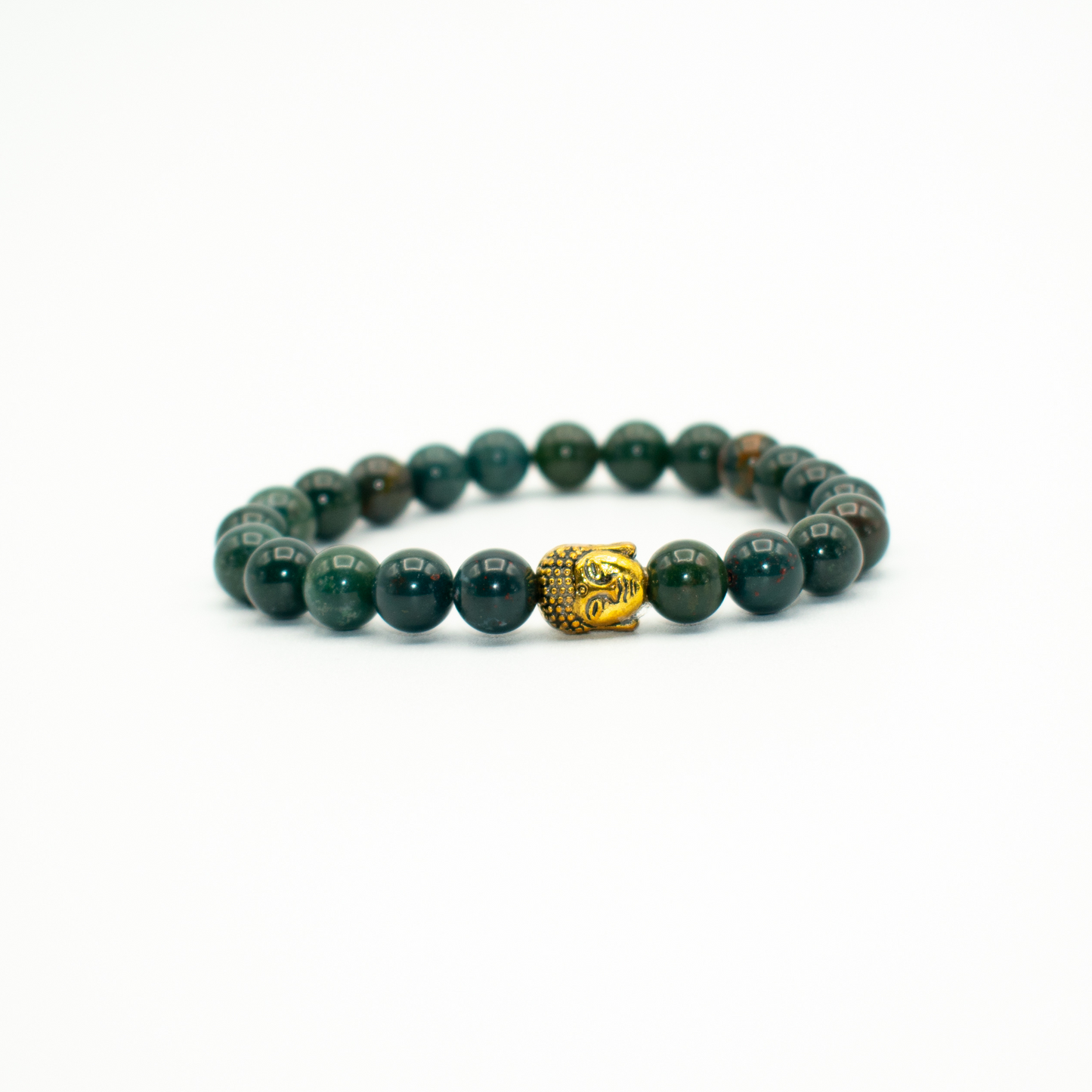 8mm&nbsp;Bloodstone and Gold Finish Buddha Charm Stretch&nbsp; Green/Gold 7.5 Inches 1.3 oz Handmade in USA We use premium durable materials and stones in our jewelry. All pieces may vary slightly in color, shape, and size. Please measure your wrist before you make your purchase for an accurate fit. Please leave a message if you need a different size.  You will receive a free: Storage box or bag and cleaning cloth with your order.