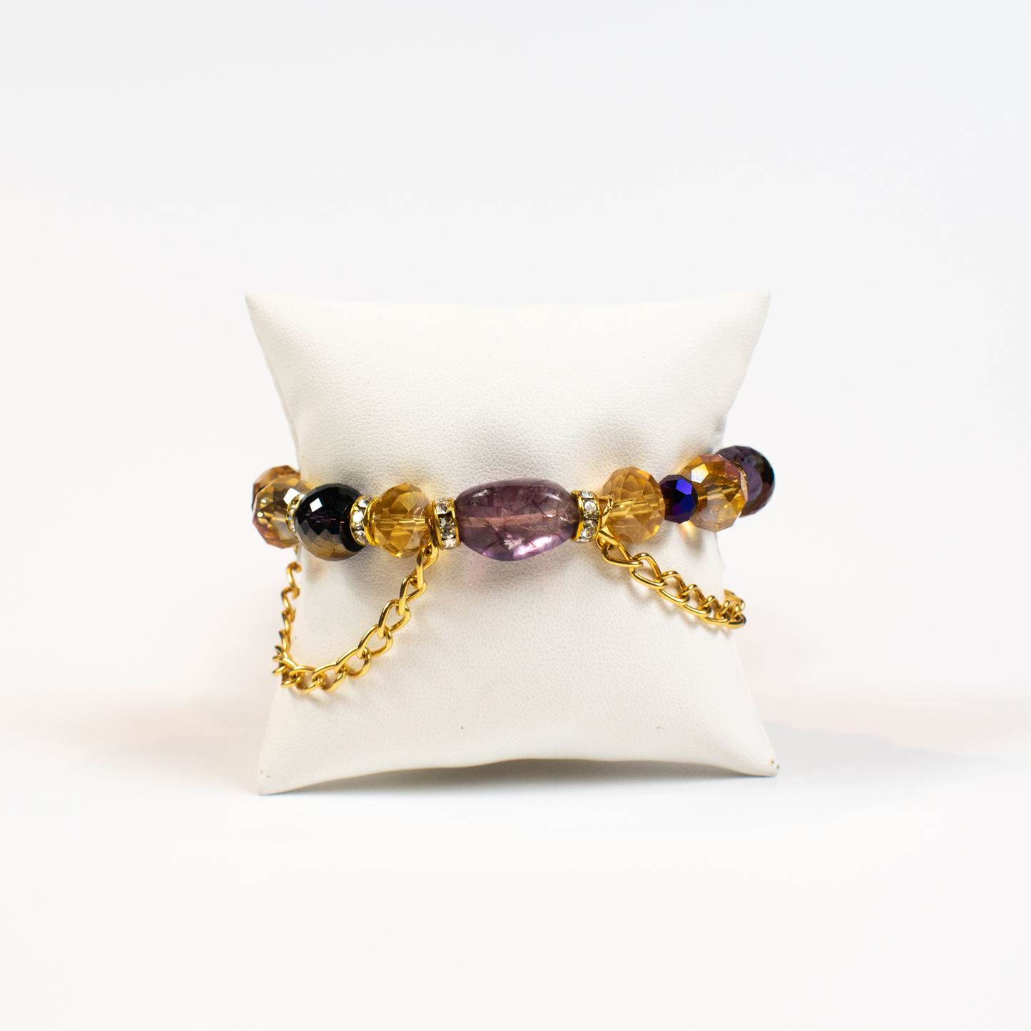 Purple and Yellow Glass Stretch Beaded Bracelet With Chain