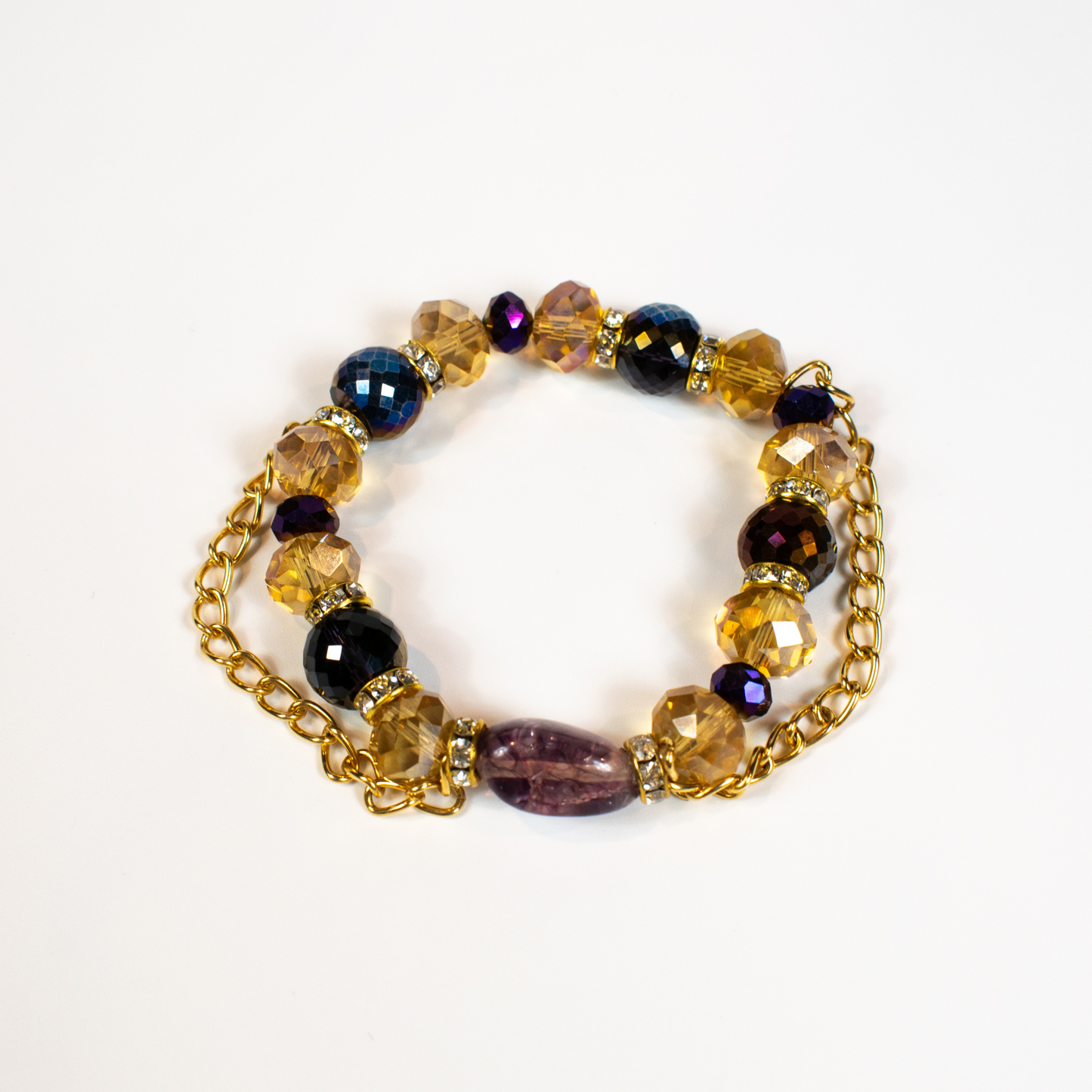 Purple and Yellow Glass Stretch Beaded Bracelet With Chain