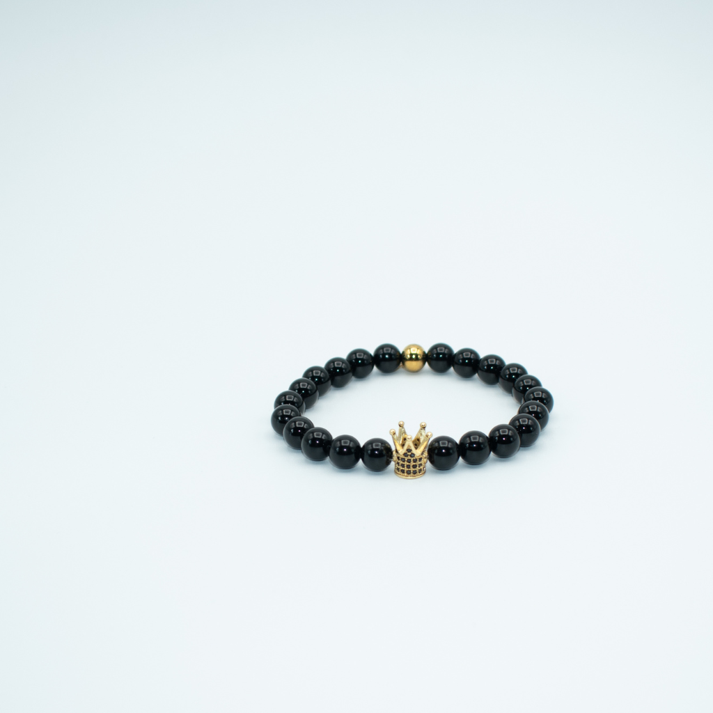 Black Onyx Stone and Gold Finish Hematite Stretch Bracelet