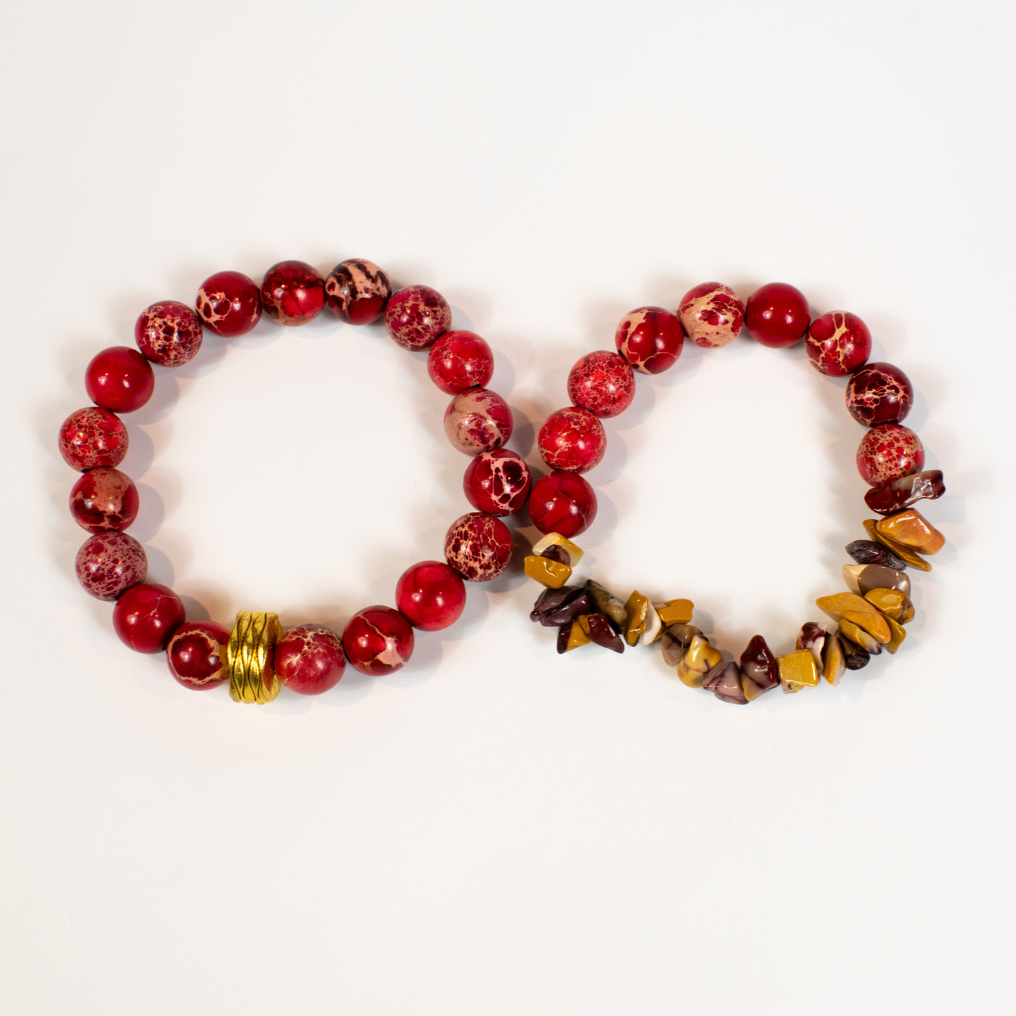 Red Imperial Jasper Stretch Beaded Bracelets (Set Of 2)