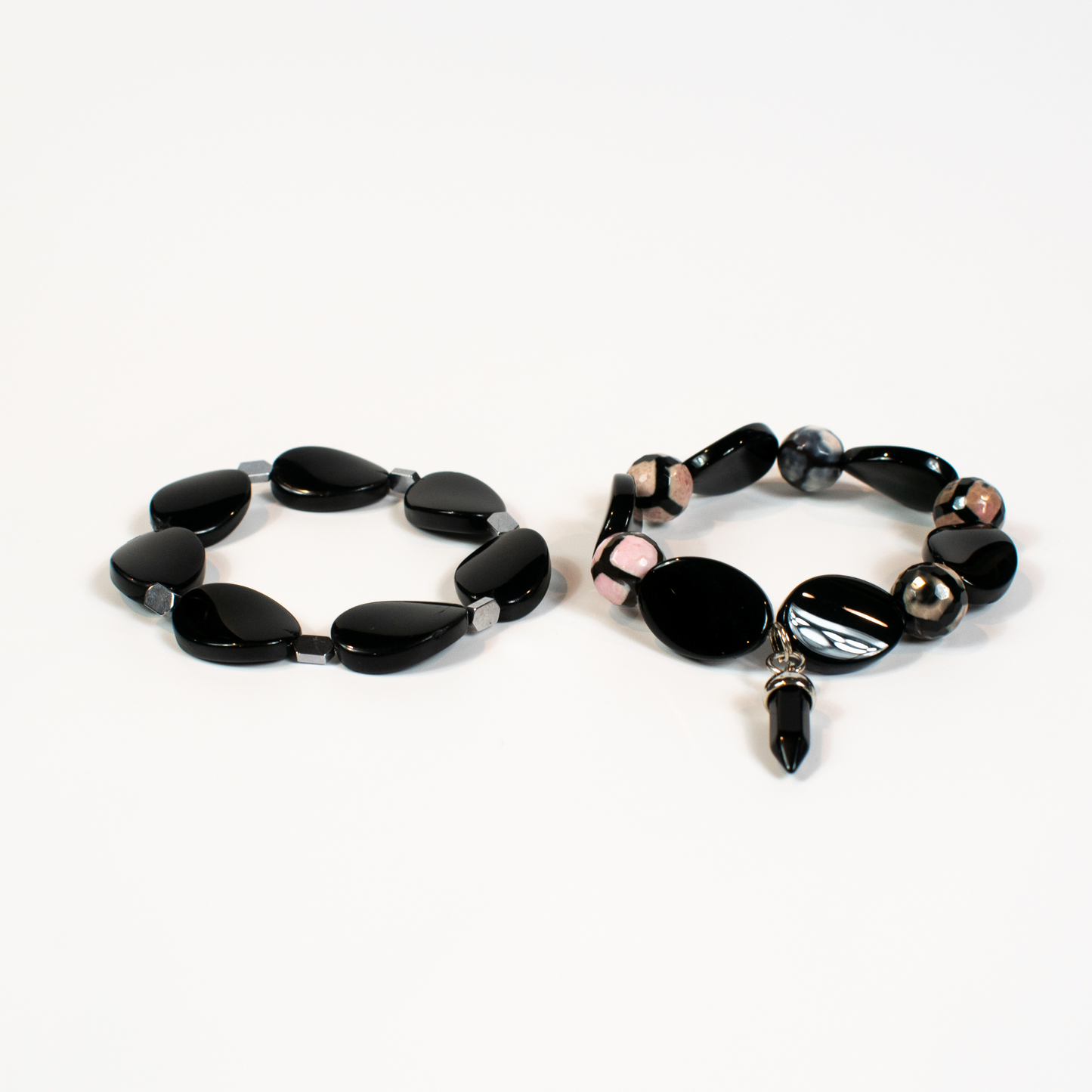 Black Onyx and Agate Beaded Stretch Bracelets (Set of 2)