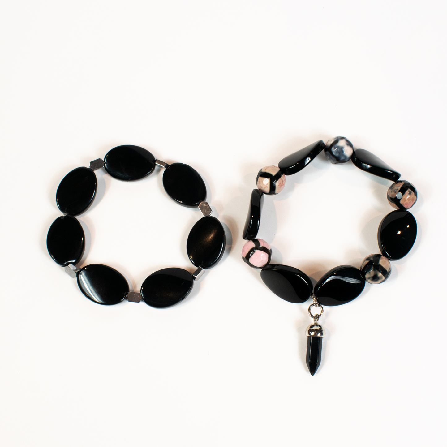 Black Onyx and Agate Beaded Stretch Bracelets (Set of 2)