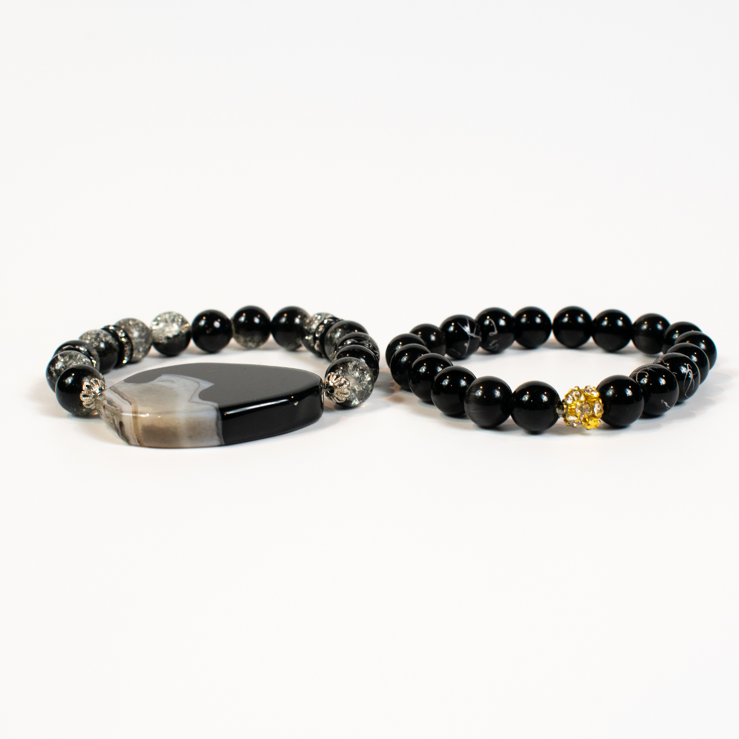 Black Agate and Glass Beaded Stretch Bracelets (Set of 2)