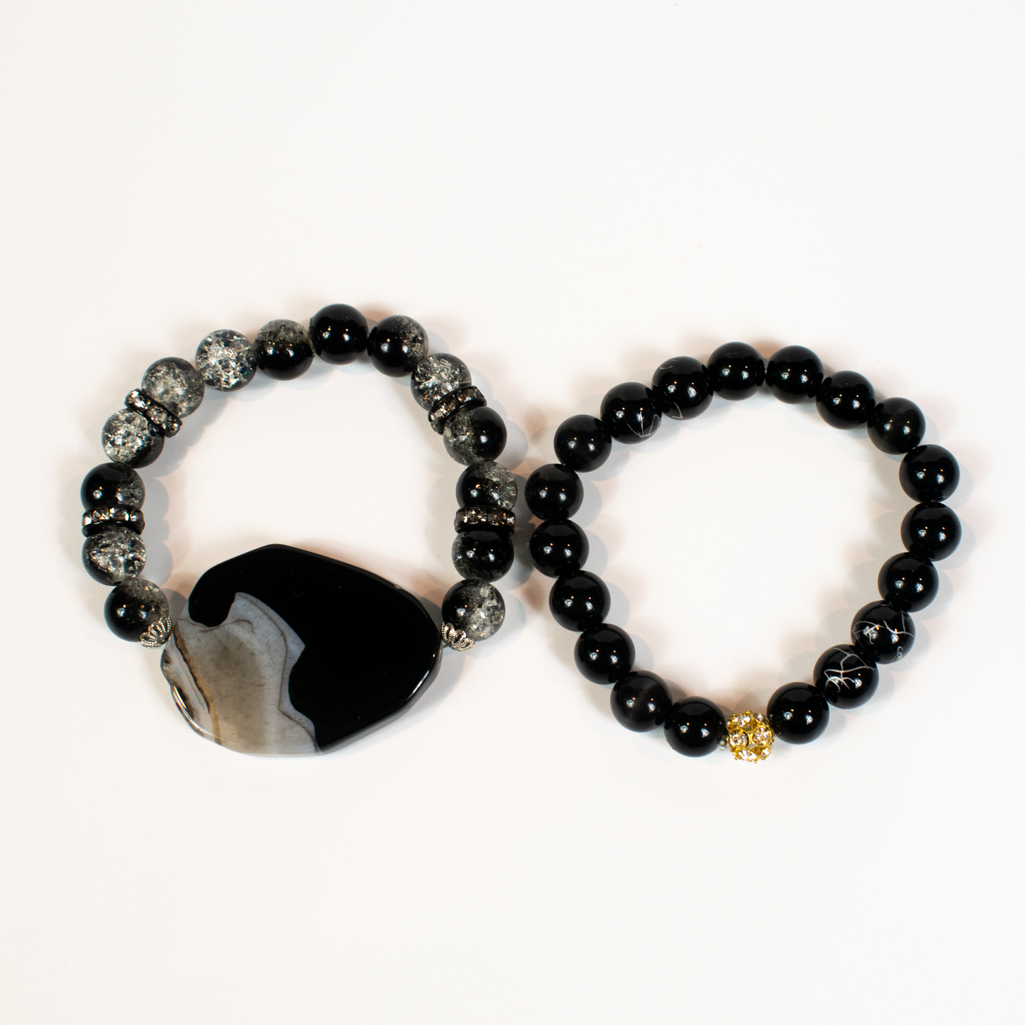 Black Agate and Glass Beaded Stretch Bracelets (Set of 2)