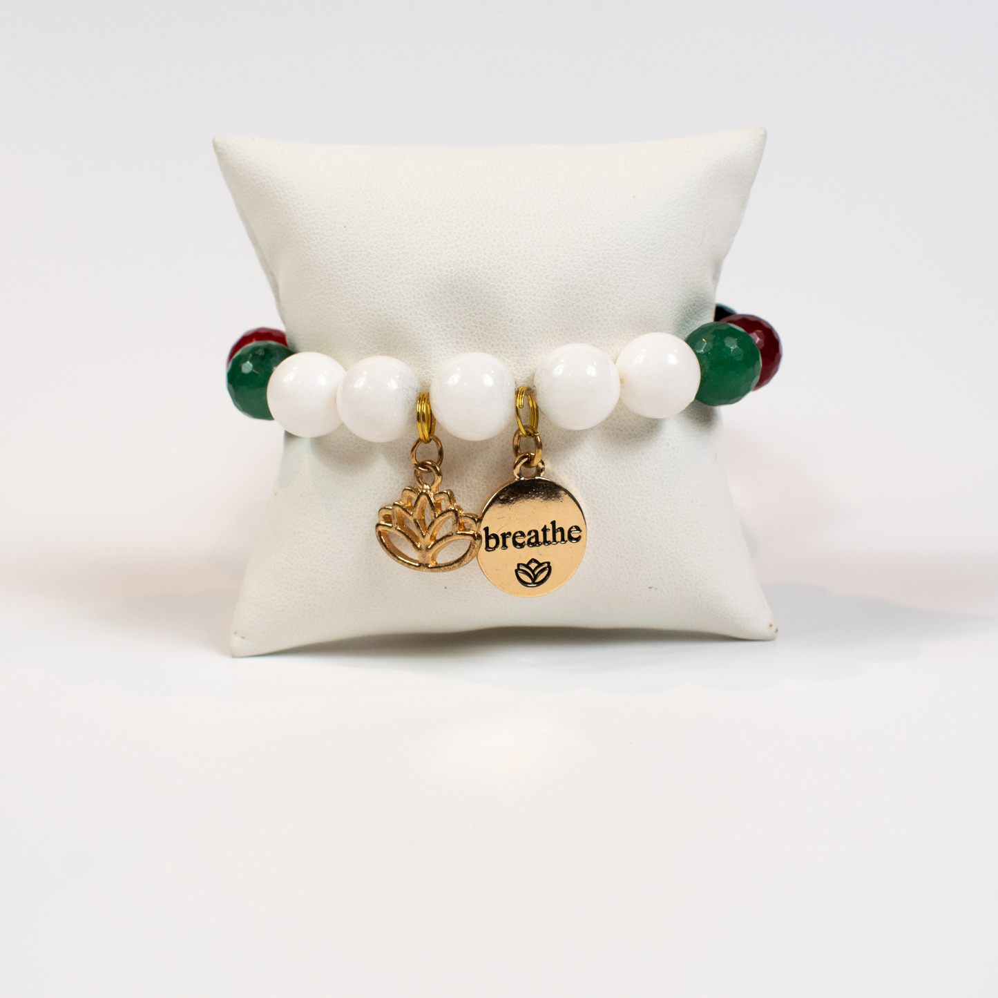 Multi Color Jade Stretch Bracelet With Lotus  And Breathe Charms