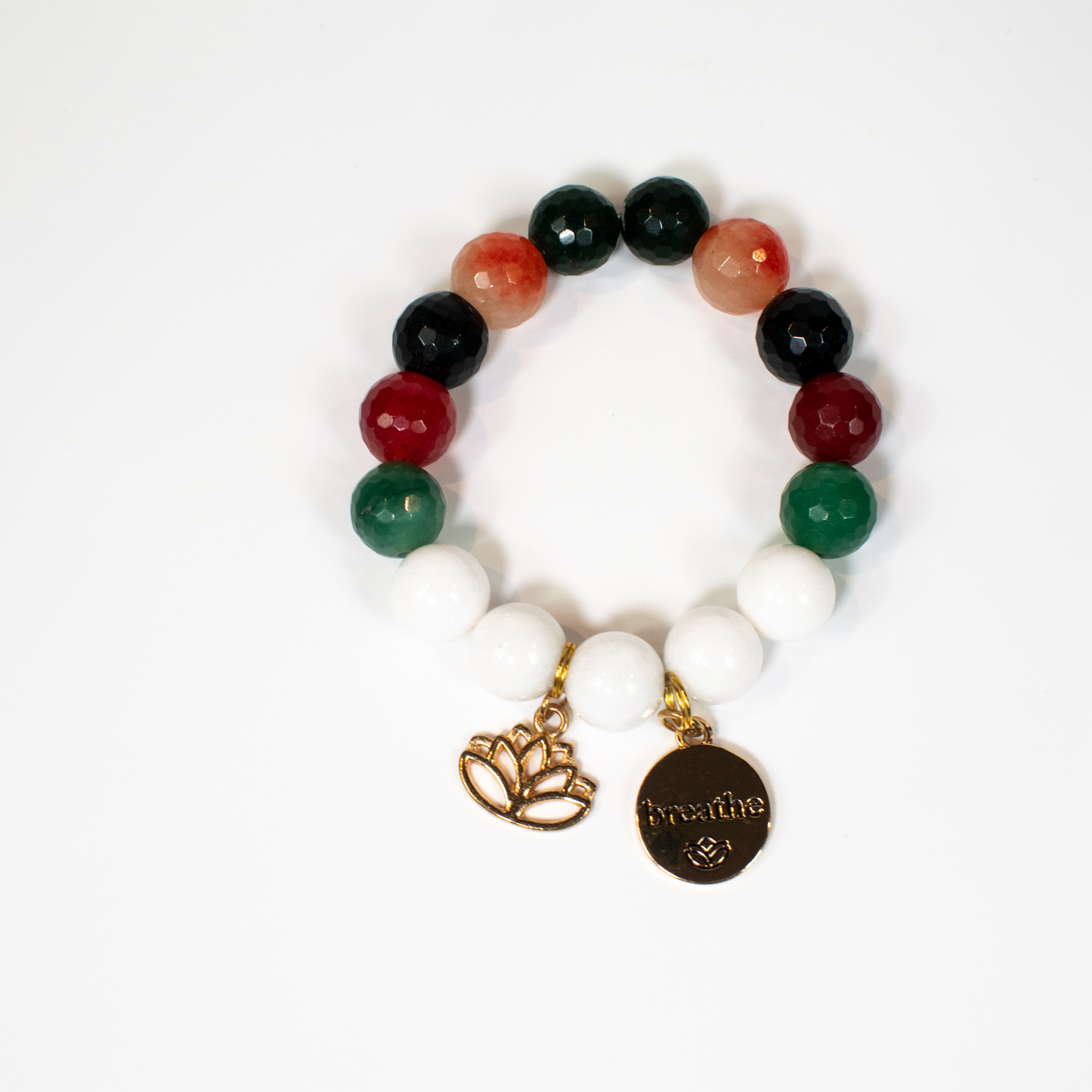 Multi Color Jade Stretch Bracelet With Lotus  And Breathe Charms