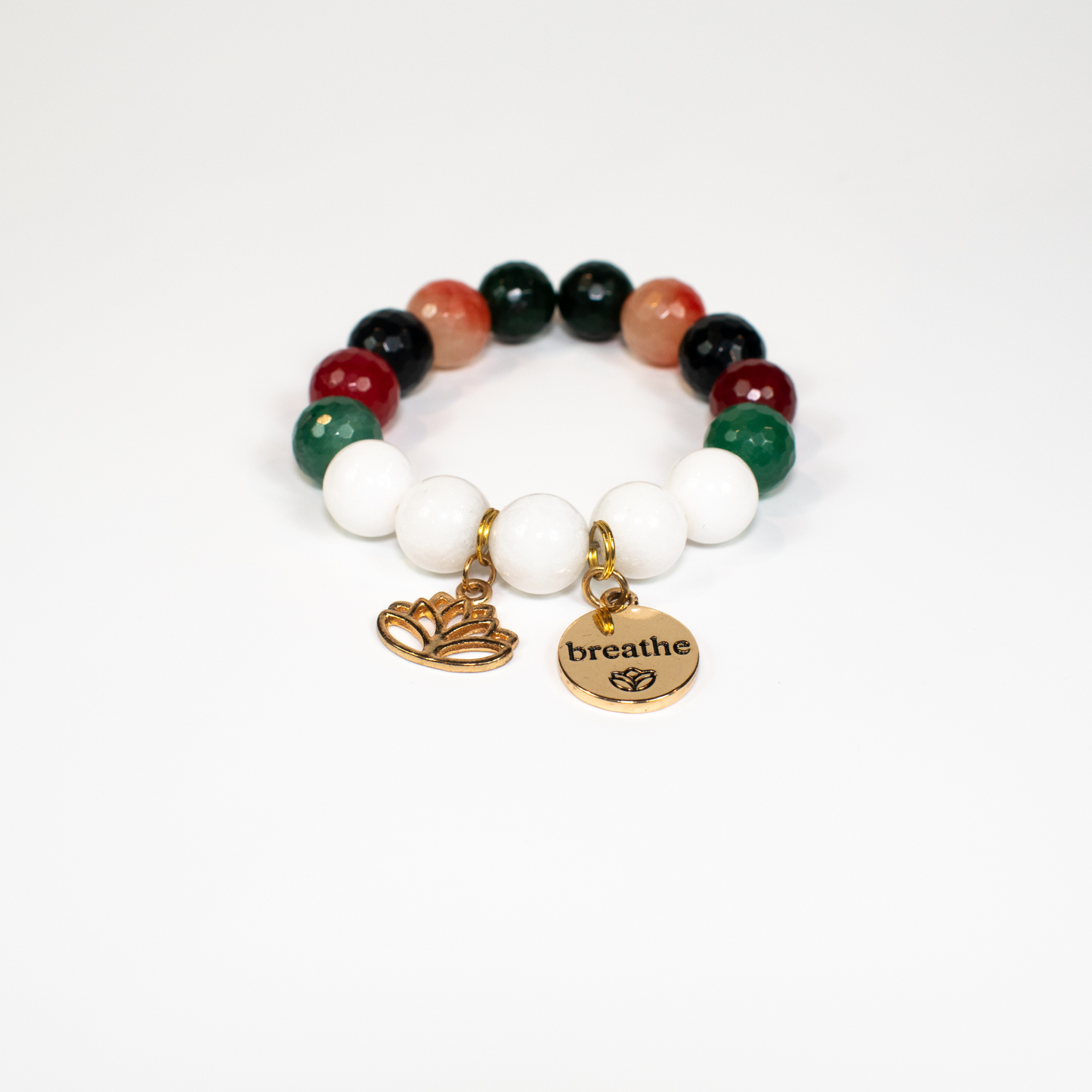 Multi Color Jade Stretch Bracelet With Lotus  And Breathe Charms