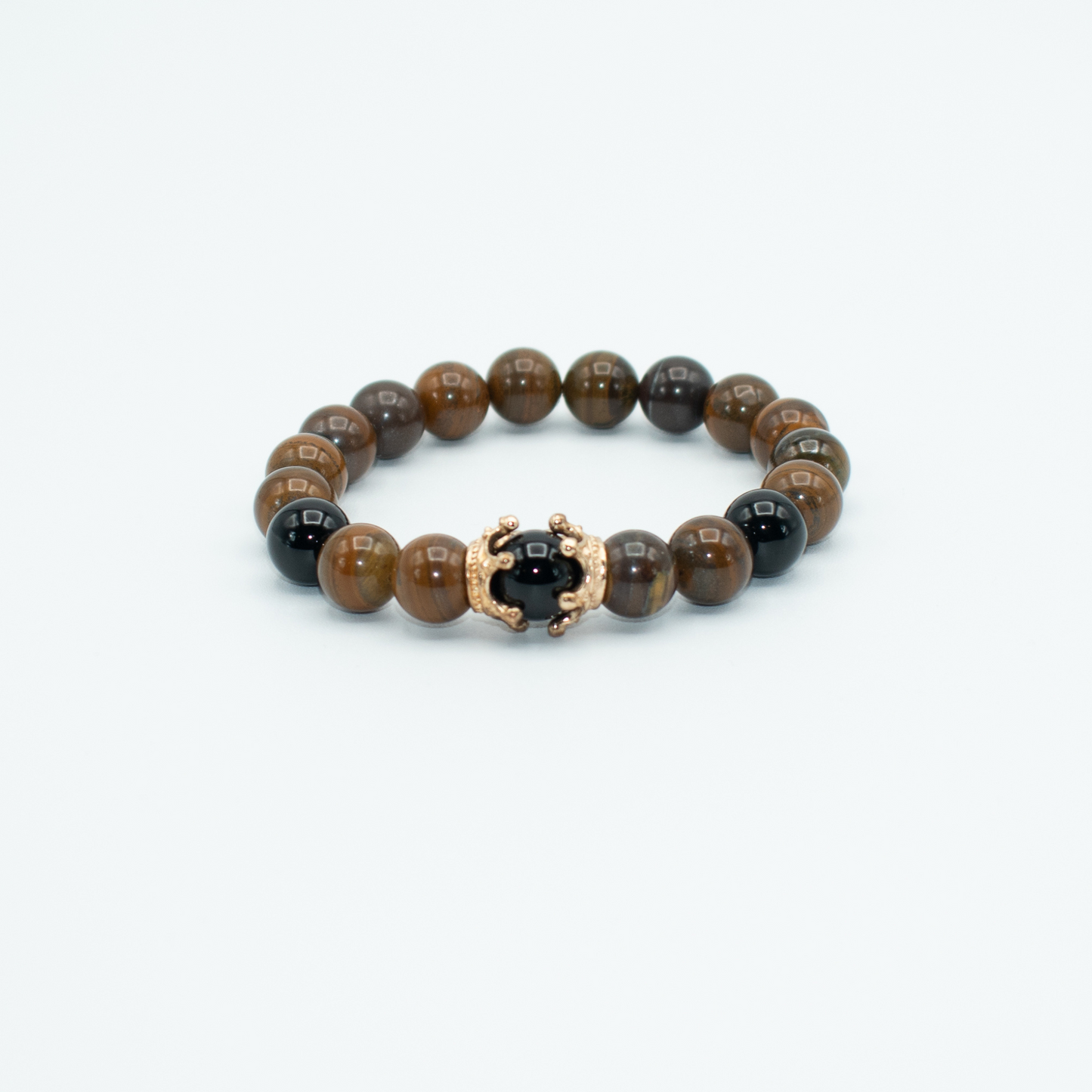 Glossy Tiger Eye  With Crown Charm Stretch Bracelet