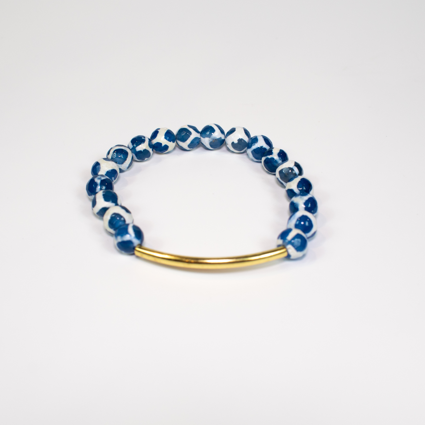 Blue and White Tibetan Dzi Agate Stretch Beaded Bracelet