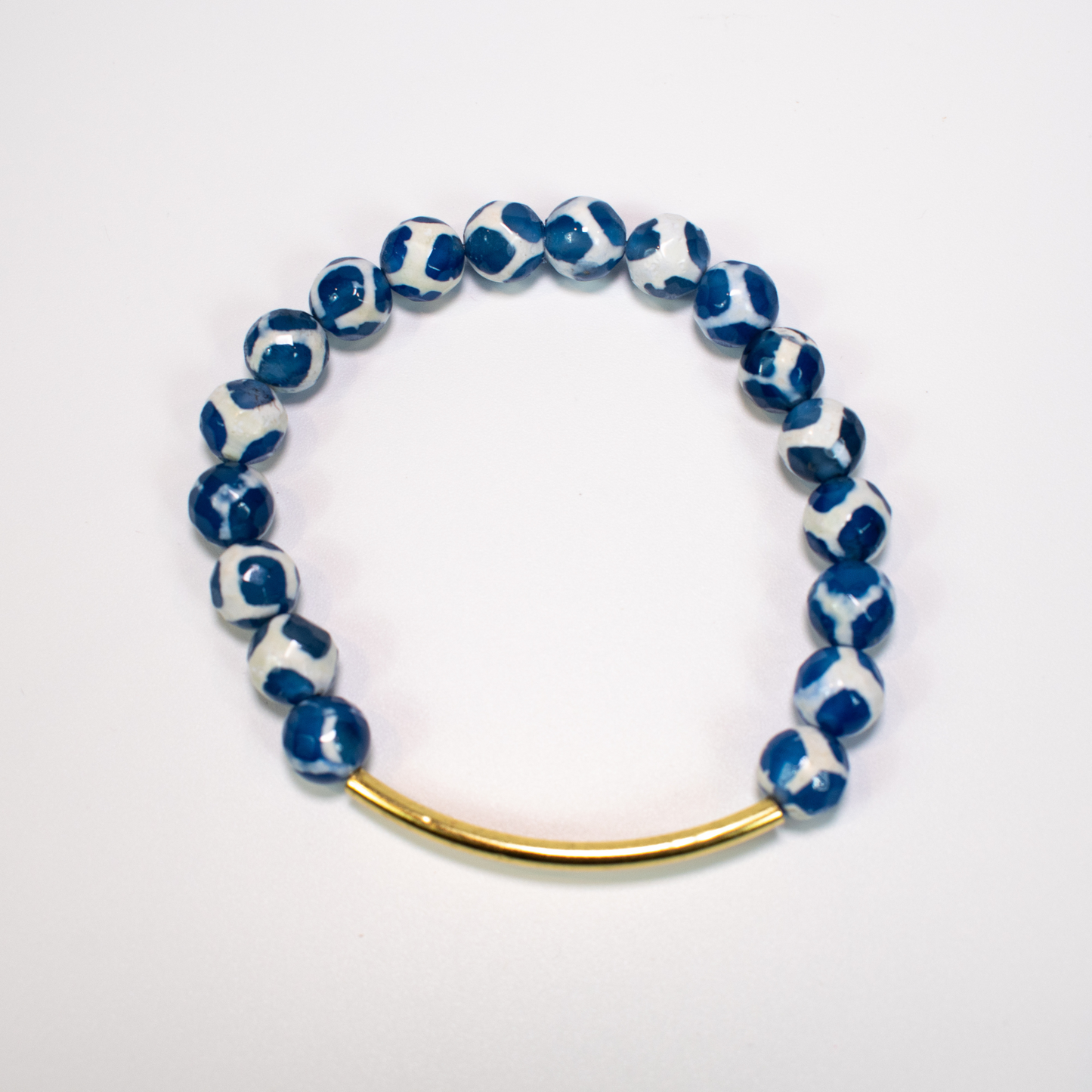 Blue and White Tibetan Dzi Agate Stretch Beaded Bracelet