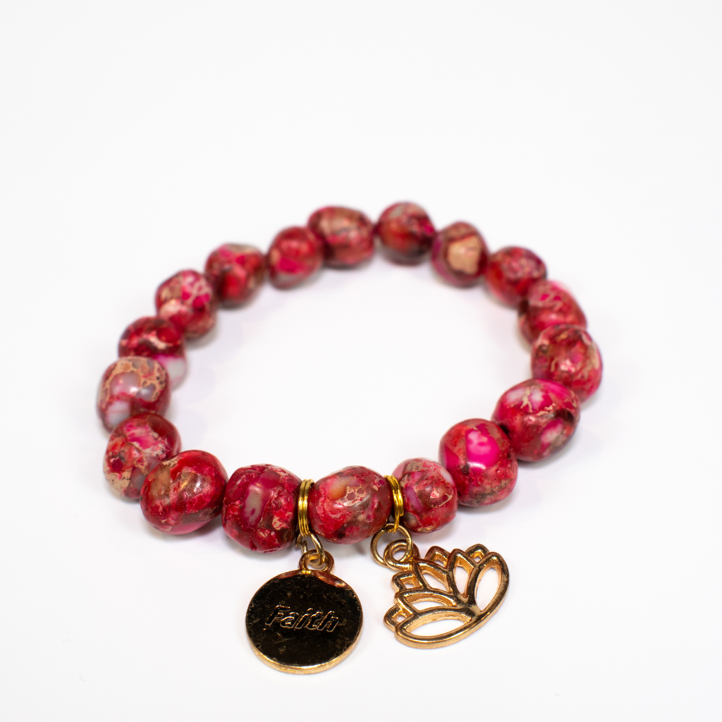 Pink Jasper Stretch Beaded Bracelet With Charms