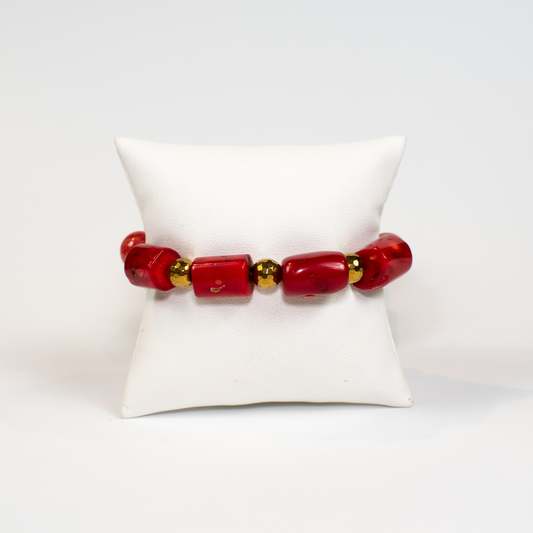 Red Quartzite and Bamboo Coral Stretch Beaded Bracelet