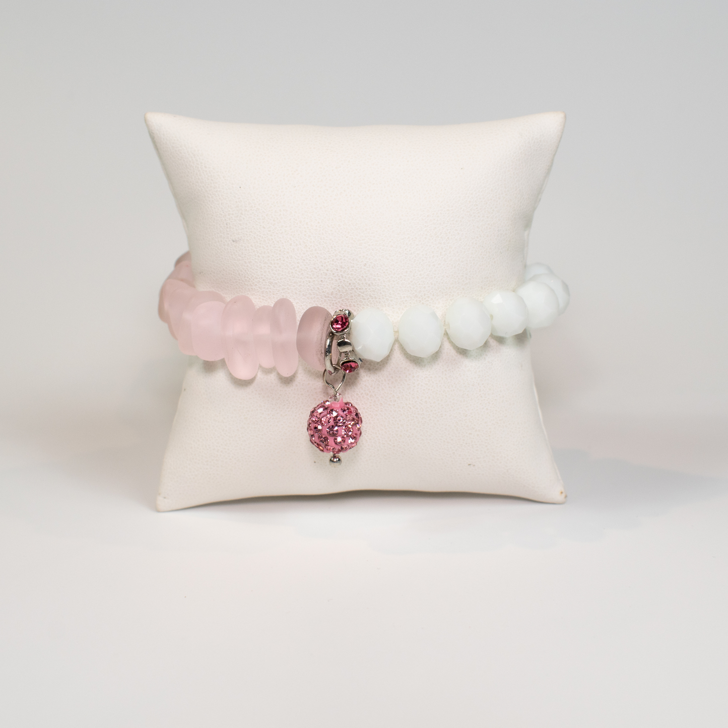 Pink and White Faceted Rhinestone Charm Stretch Beaded Bracelet