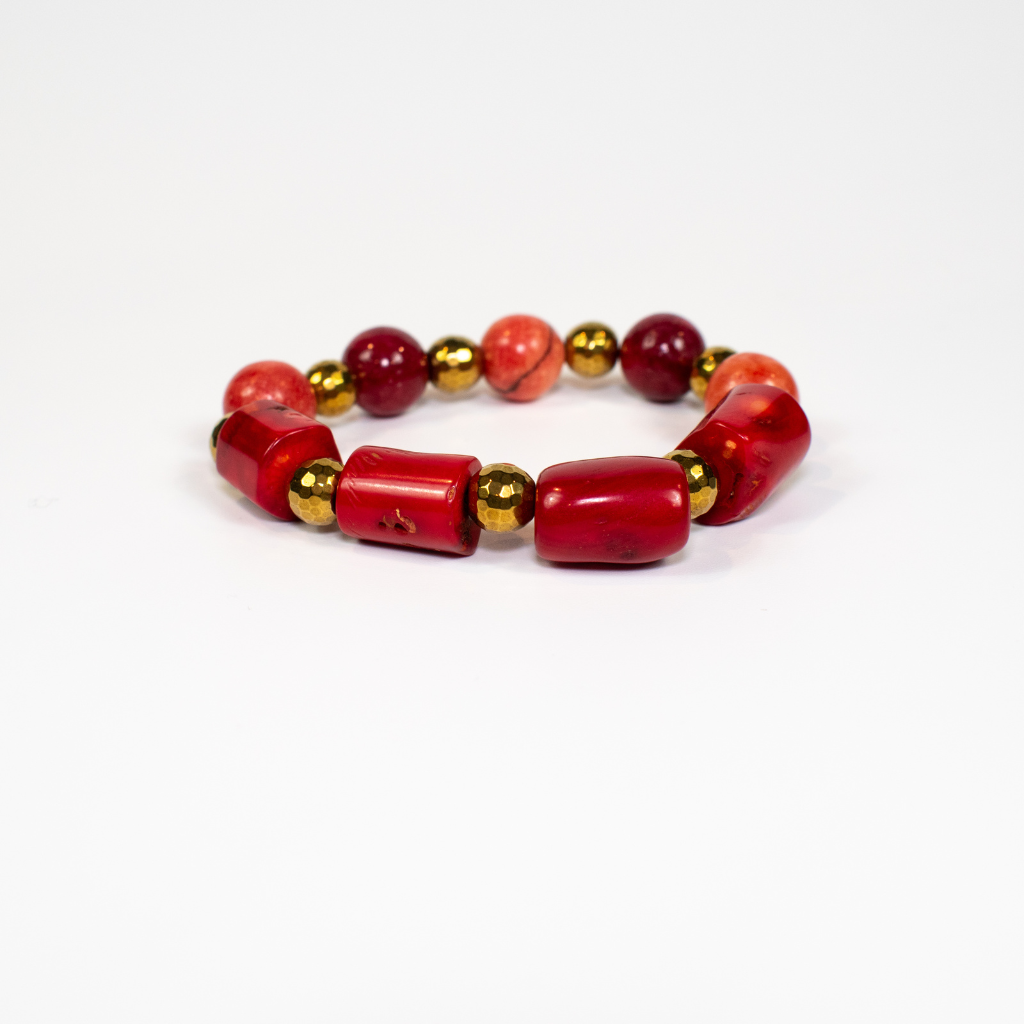 Red Quartzite and Bamboo Coral Stretch Beaded Bracelet