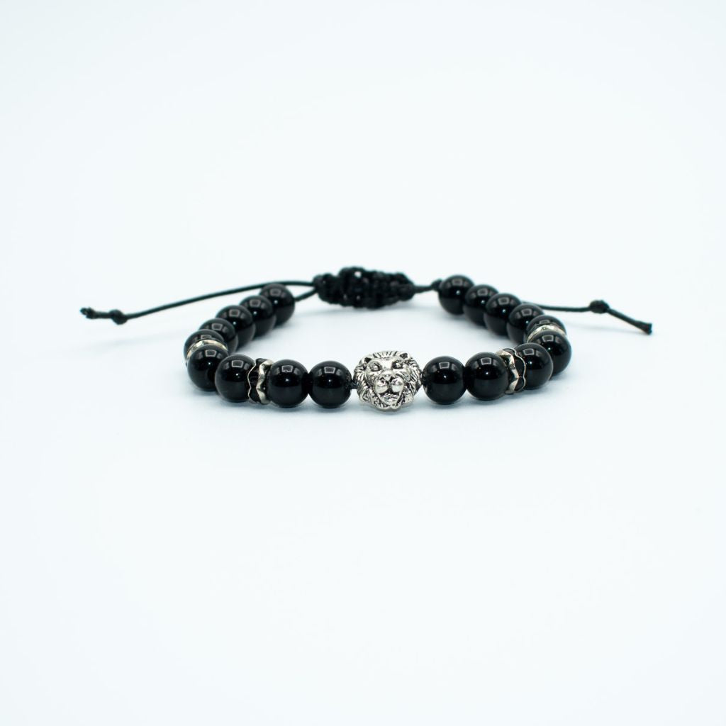 Adjustable Black Glass Lion Charm Bracelet