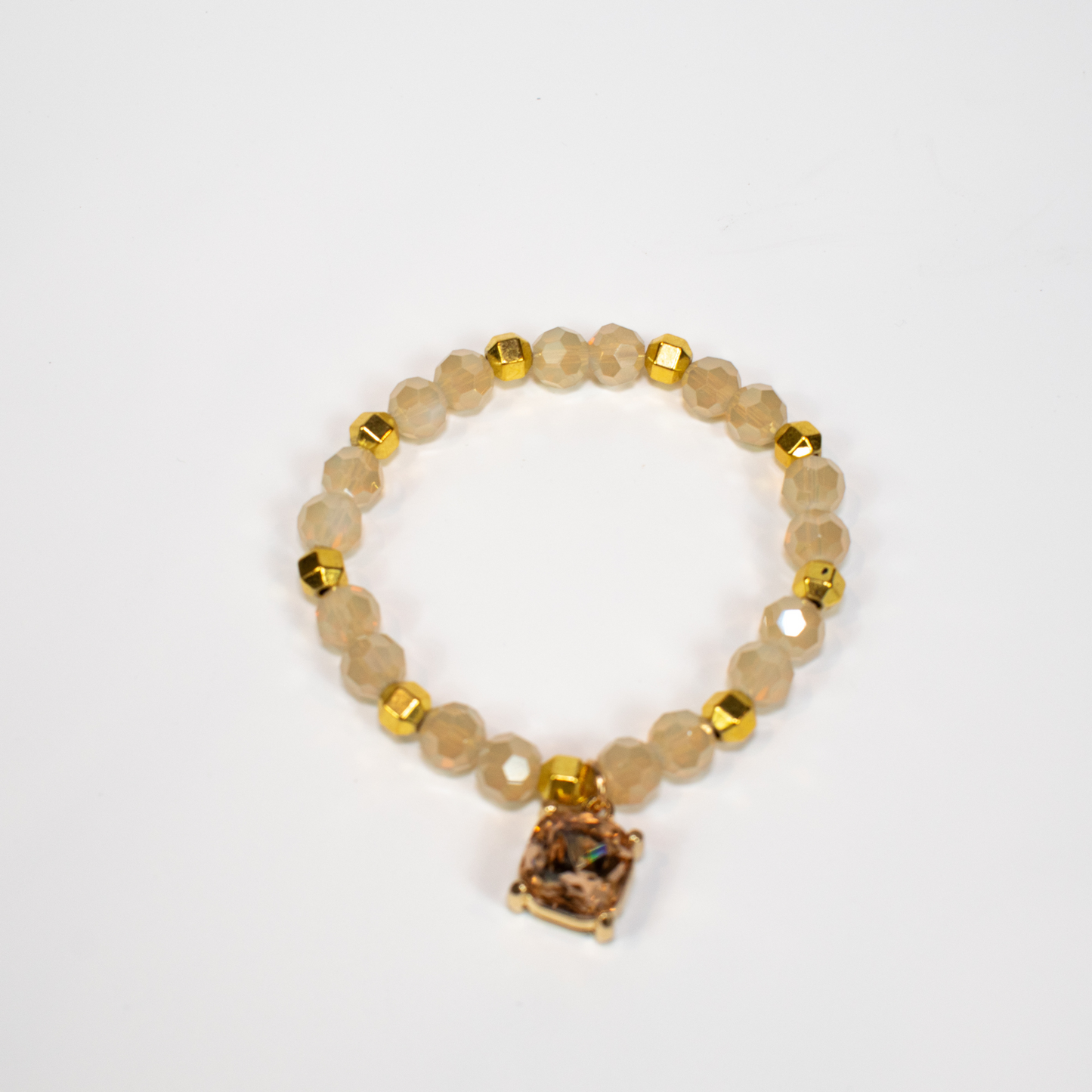 Faceted Champagne Beaded Stretch Bracelet with Charm