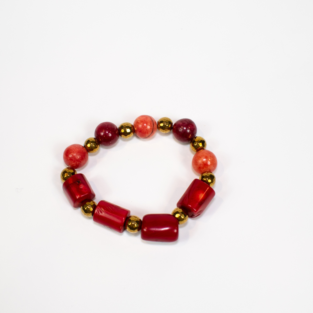 Red Quartzite and Bamboo Coral Stretch Beaded Bracelet