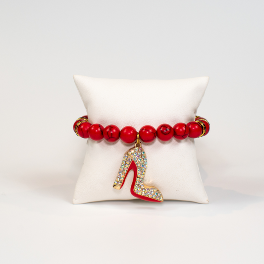 Red Turquoise Stretch Beaded Bracelet With Rhinestone Shoe Charm