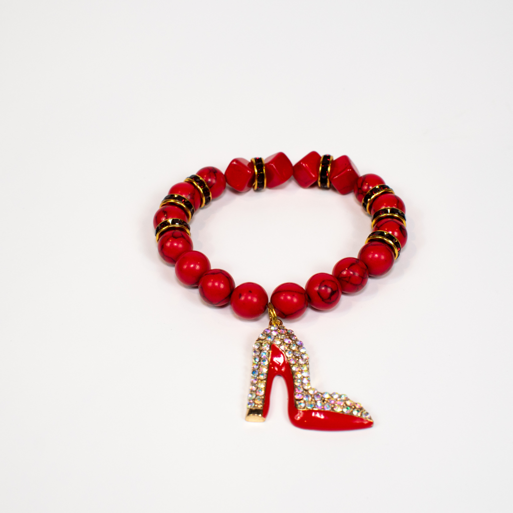 Red Turquoise Stretch Beaded Bracelet With Rhinestone Shoe Charm