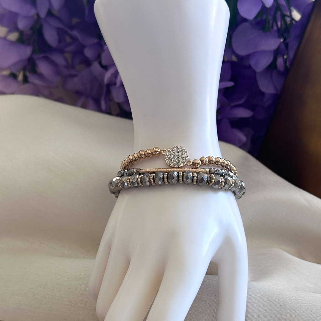 3 Layer Stackable Bracelet Set With Rhinestone Charm