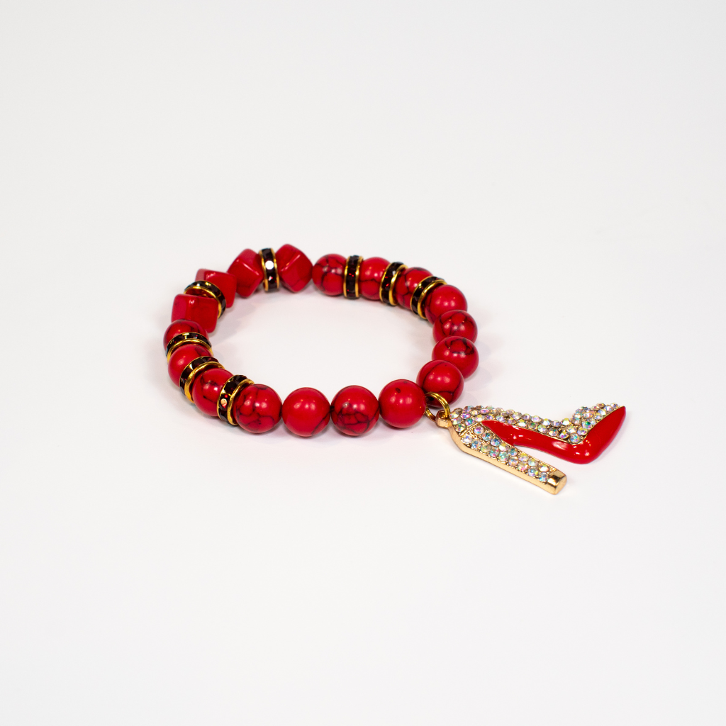 Red Turquoise Stretch Beaded Bracelet With Rhinestone Shoe Charm