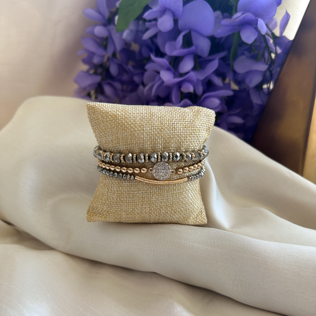 3 Layer Stackable Bracelet Set With Rhinestone Charm