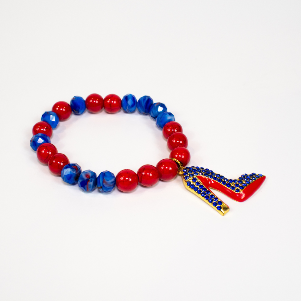 Red Turquoise and Blue Beaded Stretch Bracelet With Rhinestone Shoe Charm