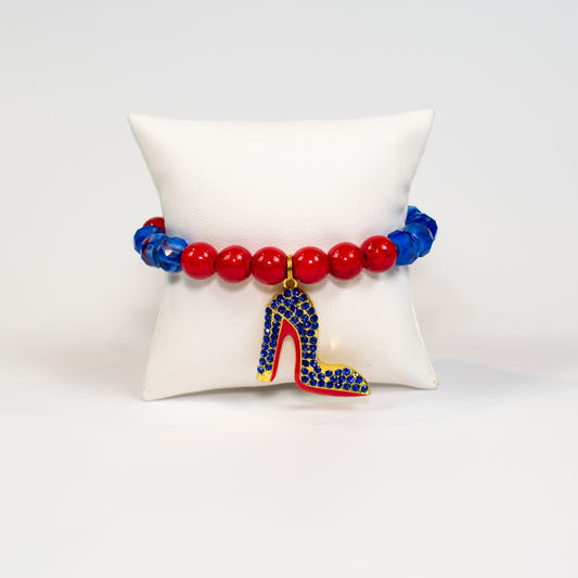 Red Turquoise and Blue Beaded Stretch Bracelet With Rhinestone Shoe Charm