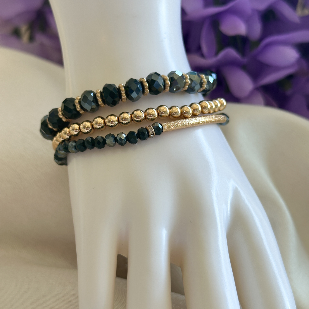 3 Layer Stackable Bracelet Set With Rhinestone Charm