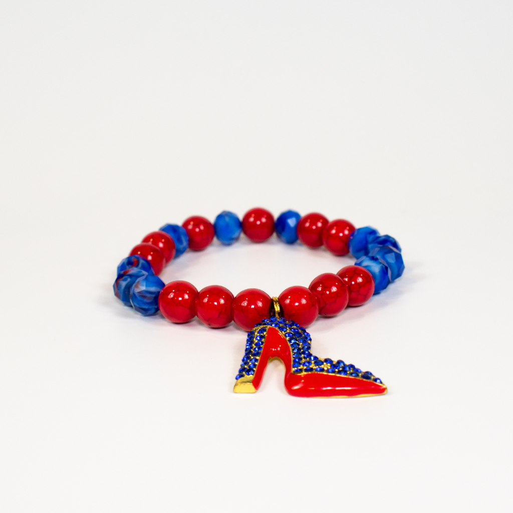 Red Turquoise and Blue Beaded Stretch Bracelet With Rhinestone Shoe Charm