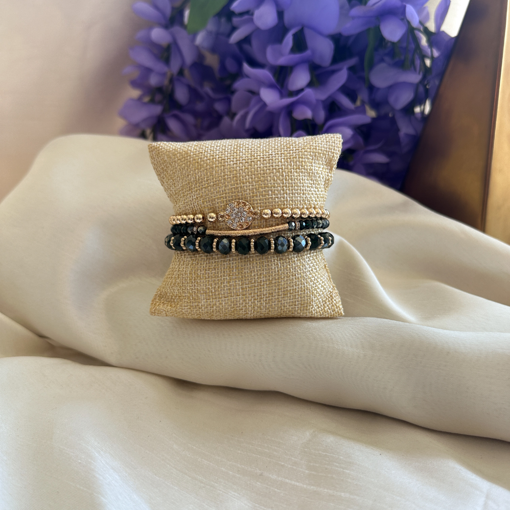 3 Layer Stackable Bracelet Set With Rhinestone Charm