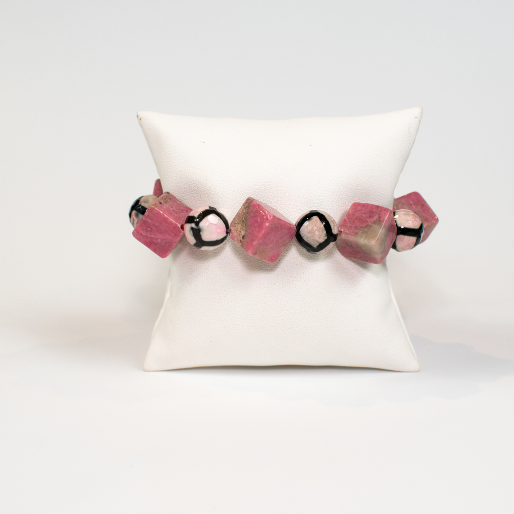 Pink Rhodonite and Agate Beaded Stretch Bracelet