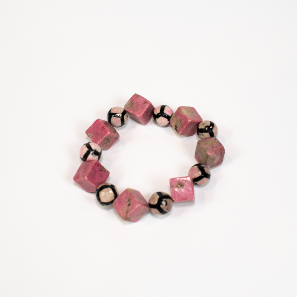 Pink Rhodonite and Agate Beaded Stretch Bracelet