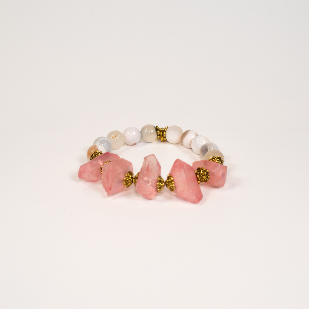 Pink Agate and Crystal Chunky Stretch Bracelet With Charm