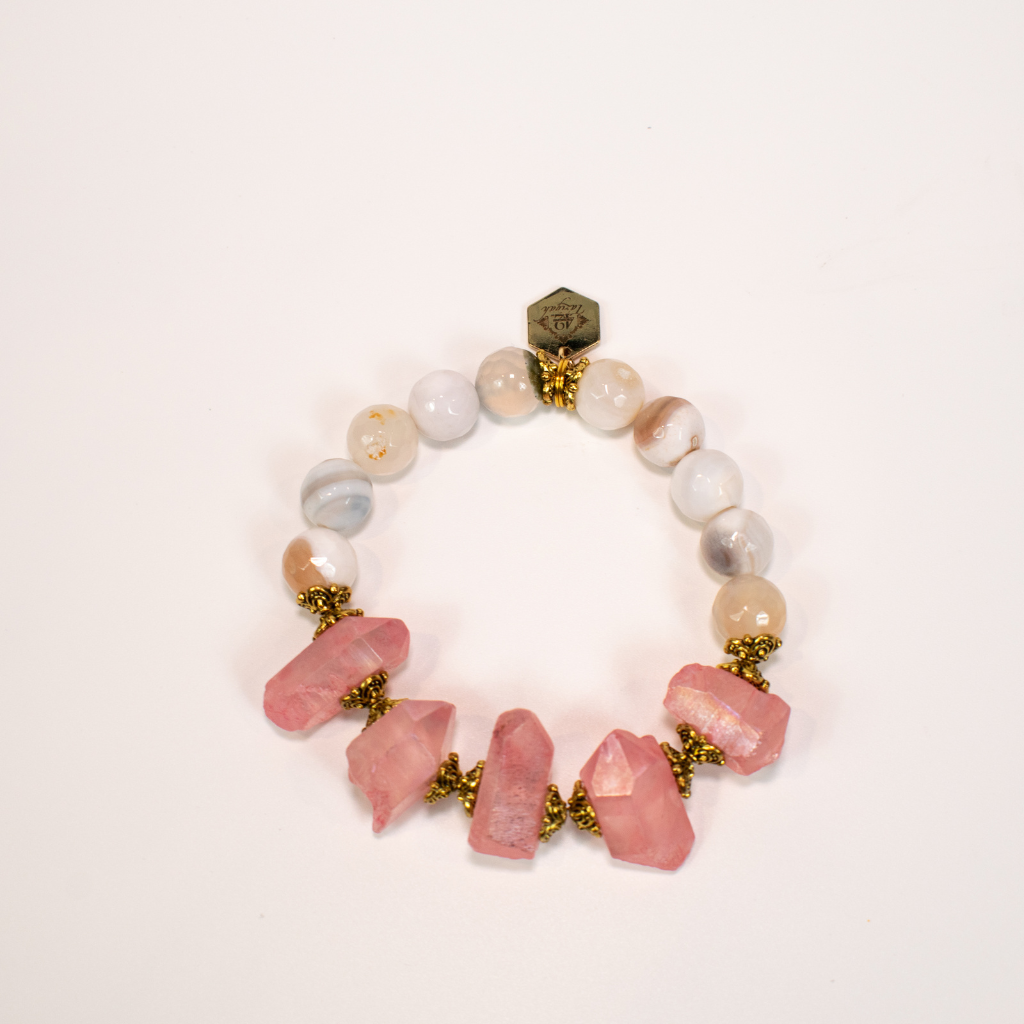 Pink Agate and Crystal Chunky Stretch Bracelet With Charm