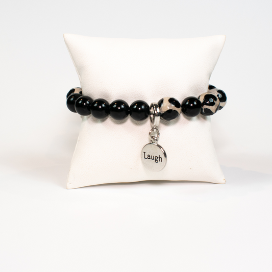 Black and White Agate Stretch Beaded Bracelet With Charm