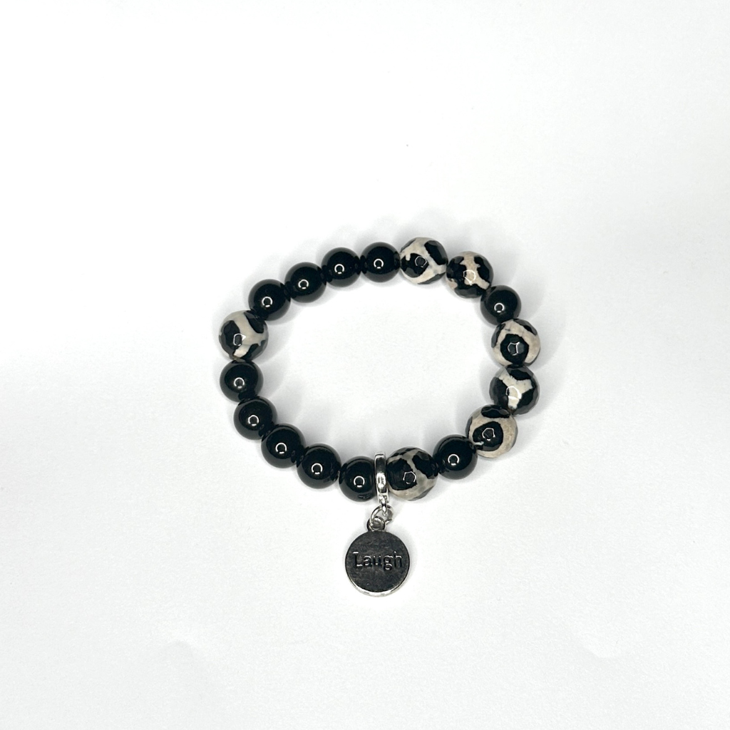 Black and White Agate Stretch Beaded Bracelet With Charm