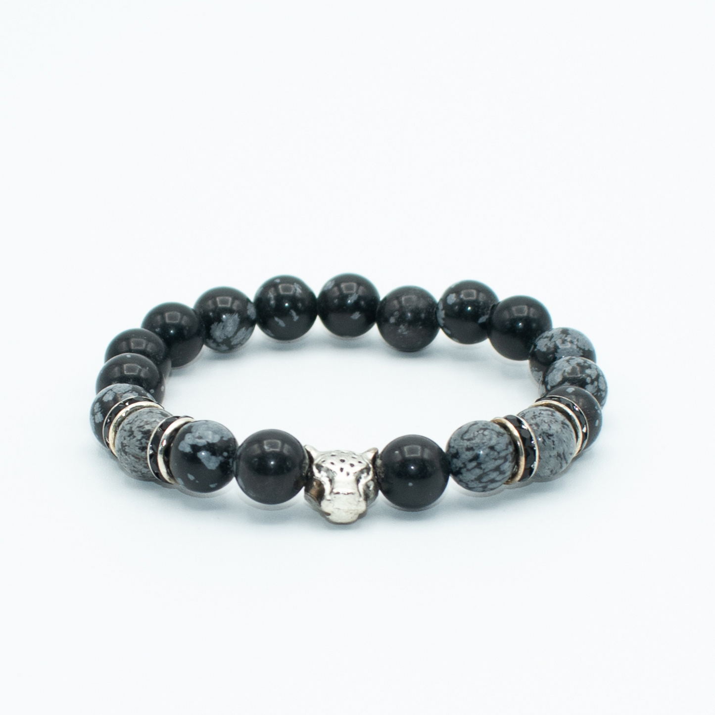 SnowFlake Obsidian Panther Charm Stretch Bracelet