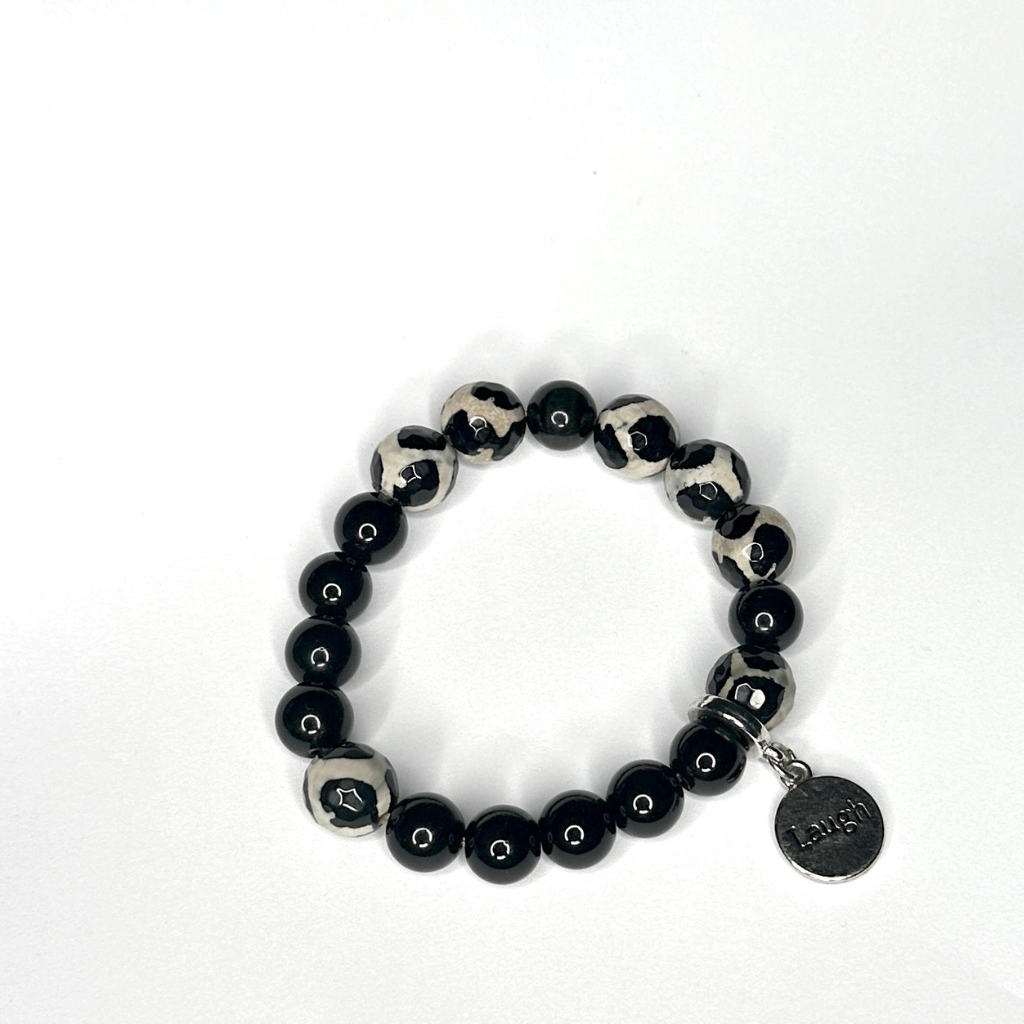 Black and White Agate Stretch Beaded Bracelet With Charm