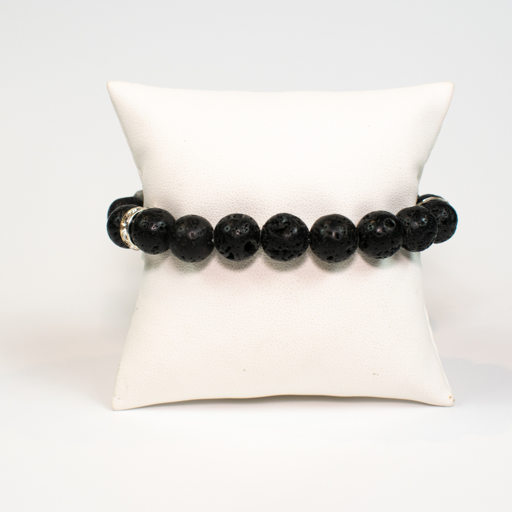 Black Lava Stone and Faceted RondelleStretch Beaded Bracelet