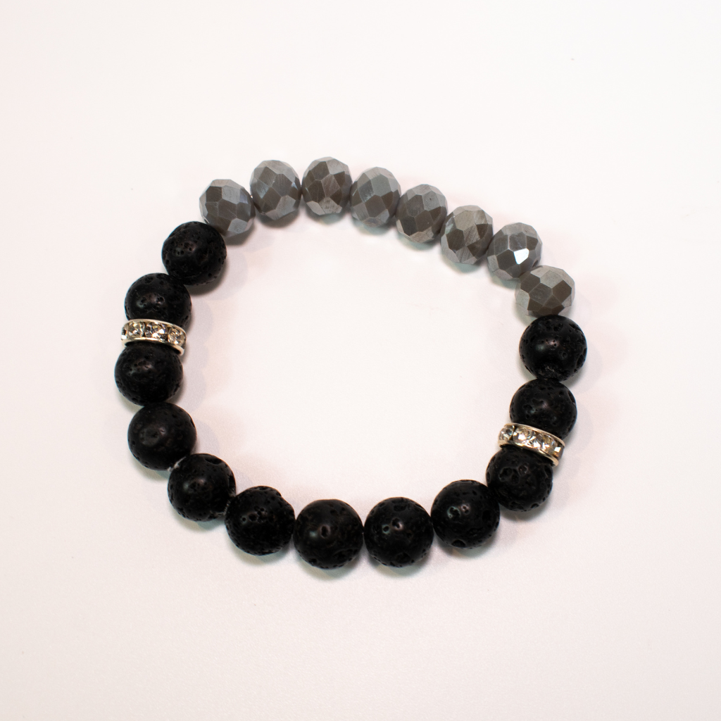 Black Lava Stone and Faceted RondelleStretch Beaded Bracelet