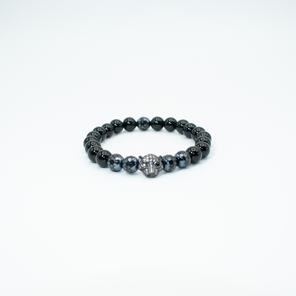 Black Faceted Onyx Panther Charm Stretch Bracelet